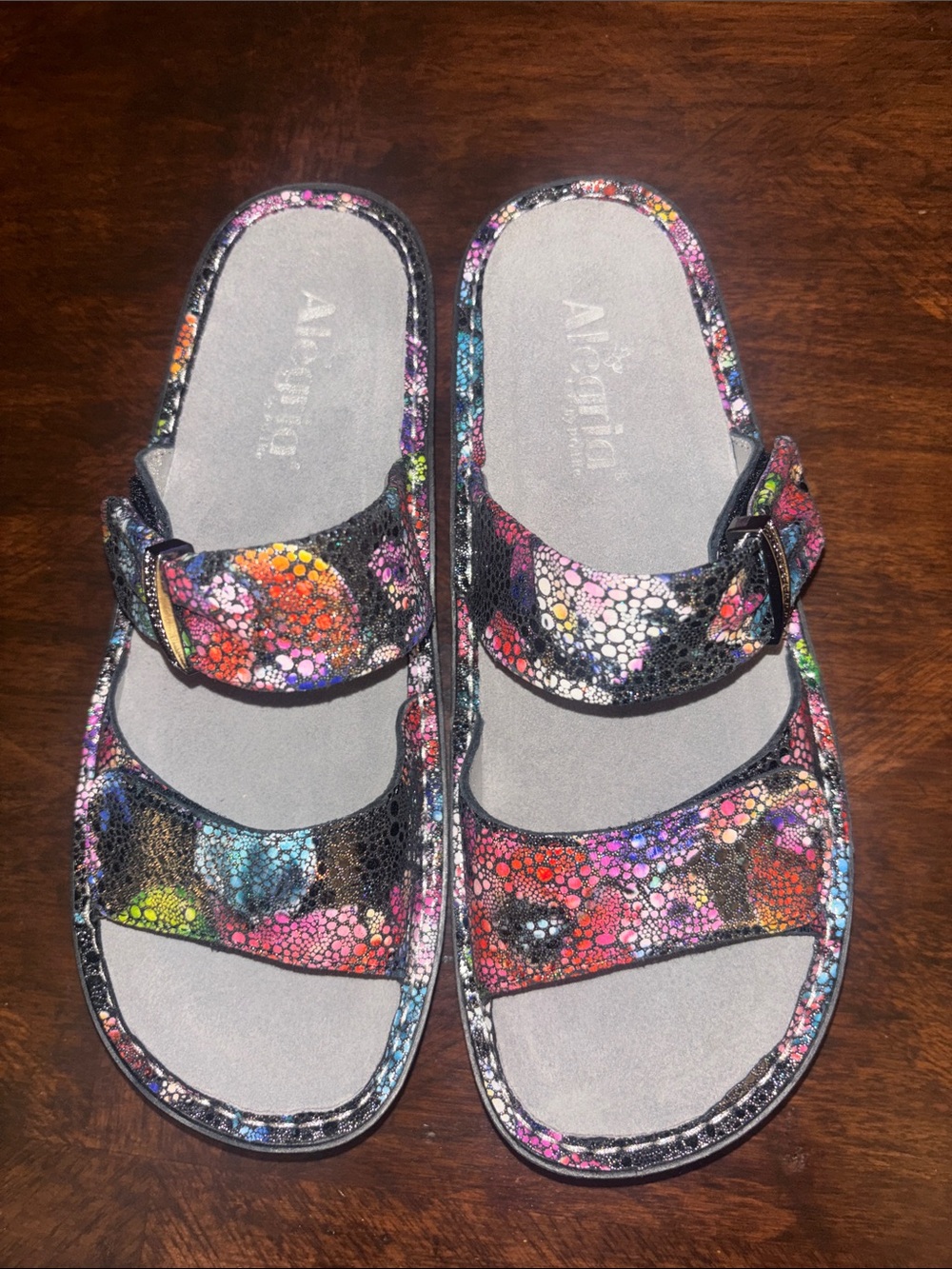 Alegria Black Multicolor Bubble-Print Adjustable Slide Sandals